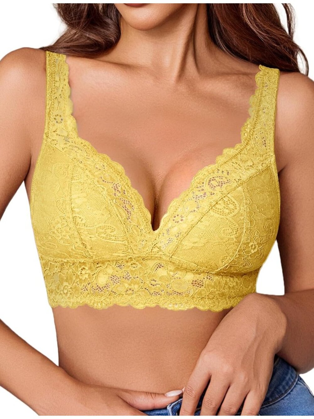 🆕Women's Yellow Lace Braclettes V Neck Wireless Bras Unlined Basic Comfy